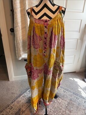 Jaded Gypsy Boho Floral Kantha Wide-Leg Jumpsuit in Yellow and Pink